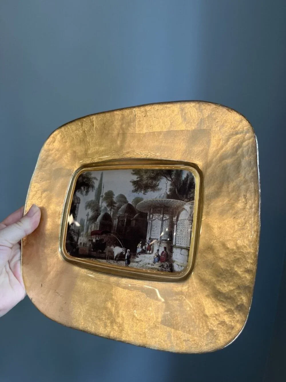 Pasabahce Gold Plated Sehzade Mosque Art Glass Tray With Ottoman Scene Design